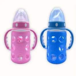 BIBERON GHIRAFF VIDRIO ENGOMADO AZUL Y ROSADO 4 OZ BG 40 - Ecofarma